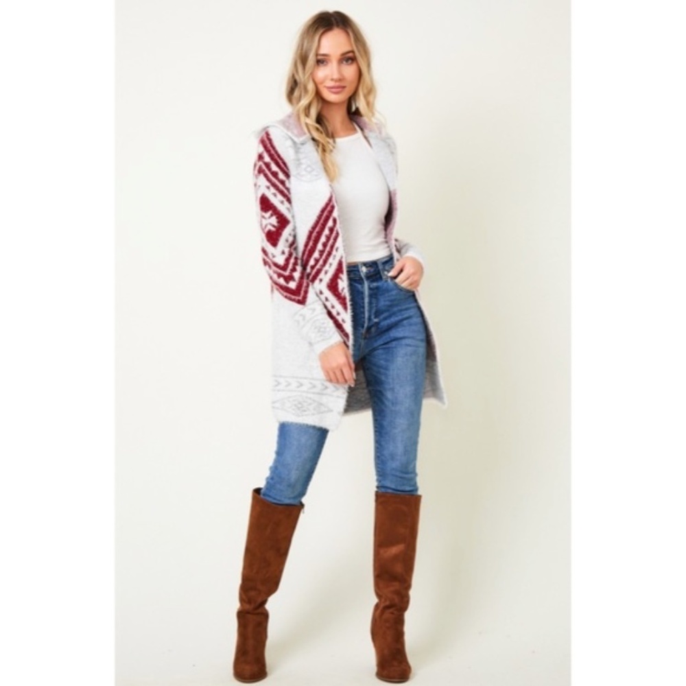 SOLD OUT Wine Fuzzy Soft Knit Long Sleeve Aztec Tribal Native Western Cardigan - Picture 7 of 9